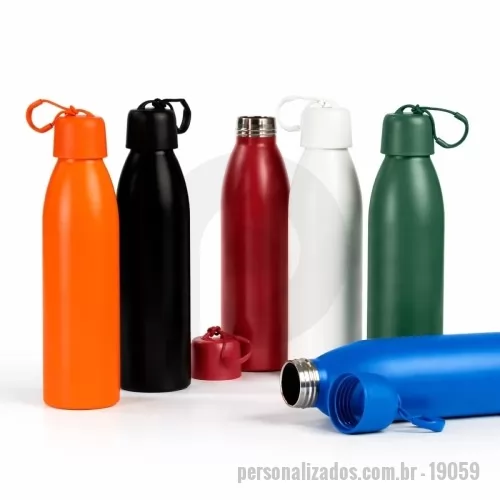 Garrafa térmica personalizada - Garrafa térmica Personalizada - 19059 - Garrafa térmica de parede dupla, com parte externa em inox 201 e pintura aplicada por spray, e camada interna em inox 304. Com capacidade para até 500ml, conta ainda com tampa rosqueável em polipropileno (PP) e anel de vedação emborrachado, além de alça em nylon com detalhe em plástico.  Altura: 26,6 cm Largura: 7 cm Circunferência: 22,3 cm - 180000 - Garrafa térmica
