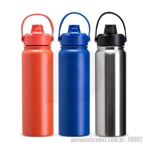Garrafa térmica personalizada - Garrafa térmica Personalizada - 19007 - Garrafa térmica em inox com pintura eletrostática e capacidade máxima de 800ml. Possui estrutura interna de parede dupla em inox 304 e vedação a vácuo que permite a manutenção de temperatura de líquidos por mais tempo. Possui tampa rosqueável feita em plástico com proteção para o bocal, bico flip, canudo interno removível e alça fixa maleável para transporte.  Altura: 28 cm Largura: 8,2 cm Circunferência: 25,1 cm - 180002 - Garrafa térmica