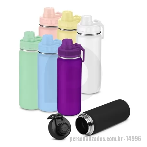 Garrafa térmica personalizada - Garrafa em inox com capacidade de até 780ml. Tampa rosqueável, alça de plástico e anel de silicone para vedação. Pintura eletrostática.  Altura: 22,5 cm Largura: 7,2 cm Circunferência: 23 cm