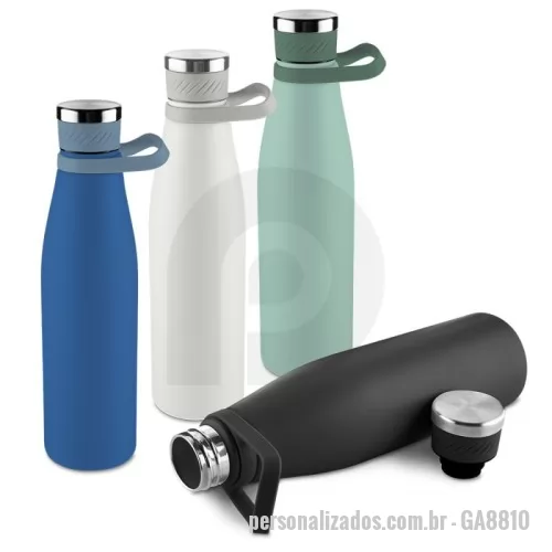 Garrafa térmica personalizada - Garrafa térmica de 750 ml com parede dupla em inox (interno 304 / externo 201), acabamento com pintura a pó e tampa em inox 201 com anel de silicone para vedação, possui alça em silicone para transporte.