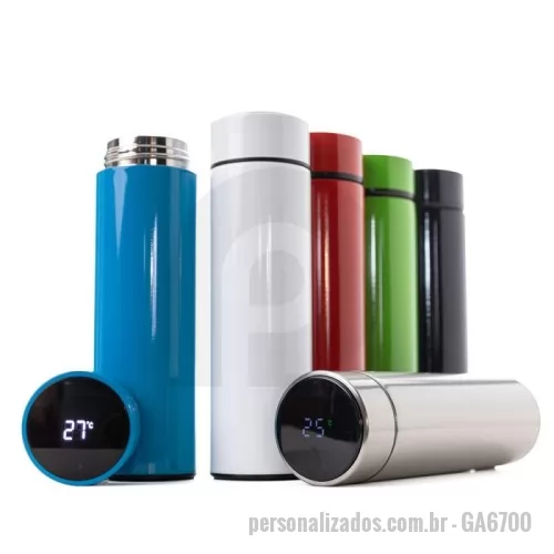 Garrafa térmica personalizada - Garrafa térmica em aço inox com parede dupla isolada a vácuo, com capacidade até 450ml. Tampa rosqueável com anel de silicone para vedação. Possui infusor para chás.  Display LED com termômetro digital na tampa para indicar a temperatura do líquido. Possui tampa removível para a troca da bateria CR2032.
