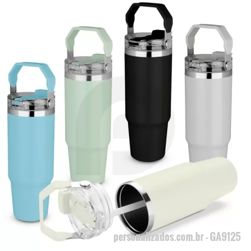 Garrafa térmica personalizada - Garrafa térmica em aço inox com parede dupla isolada a vácuo, com capacidade de 850ml e conta com uma pintura a pó. Tampa rosqueável com e anel de silicone para vedação. Alça  de transporte em plástico. Permite-se hidratar por canudo ou bico.  Conserva líquidos : ??8 horas ??12 horas