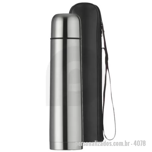 Garrafa térmica personalizada - Garrafa térmica 1 litro em inox com tampa rosqueavel, tampa interna de plástico resistente (basta um clique para abrir e fechar), acompanha capa protetora de couro sintético com alça de nylon para transporte com detalhes vermelho.