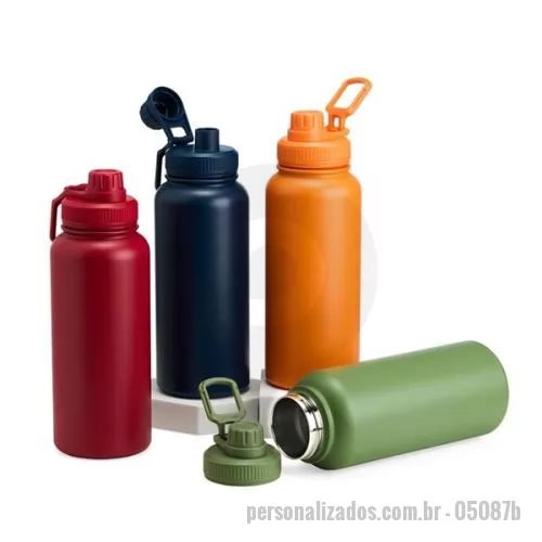 Garrafa térmica personalizada - Garrafa térmica inox com capacidade até 1 litro, pintura eletrostática, parede dupla e isolamento a vácuo, conta com uma tampa rosqueável e uma alça retangular, tamanho aproximado 25,5 x 9 cm.