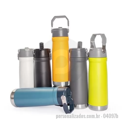 Garrafa térmica personalizada - Garrafa térmica de aço inox com parede dupla, tampa de plástico rosqueável com bico flip, canudo interno e alça para transporte, com capacidade até 550 ml.