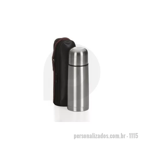 Garrafa térmica personalizada - Garrafa térmica 350ml em inox com tampa rosqueável, tampa interna em plástico resistente basta um clique para abrir ou fechar . Acompanha capa protetora de couro sintético com alça de nylon.