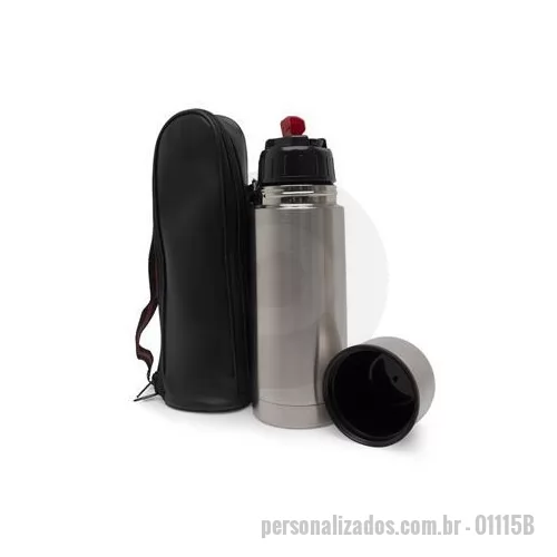 Garrafa térmica personalizada - Garrafa térmica 350ml em inox com tampa rosqueável, tampa interna em plástico resistente. Acompanha capa protetora de couro sintético com alça de nylon. Altura : 19,7 cm Largura : 6,8 cm Peso aproximado g : 274