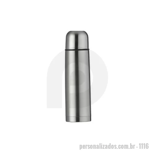 Garrafa térmica personalizada - Descrição: Garrafa térmica 500ml em inox com tampa rosqueável, tampa interna em plástico resistente basta um clique para abrir ou fechar . Acompanha capa protetora de couro sintético com alça de nylon. Altura : 24,8 cm Largura : 6,7 cm Medidas aproxi