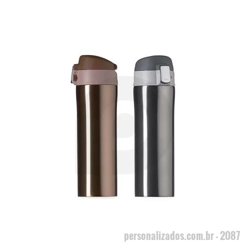Garrafa térmica personalizada - Garrafa térmica 450ml colorida com sistema de trava. Material metálico com revestimento interno em inox, parte inferior com borracha anti deslizante possui tampa plástica fosca com borracha interna para vedação evitando o vazamento de líquido e preza
