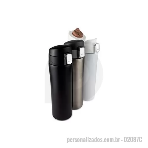 Garrafa térmica personalizada - Garrafa térmica de 450 ml, prática e segura! Feita em inox 304, com parede dupla que mantém a temperatura do líquido por mais tempo. Sua tampa plástica fosca possui vedação em borracha para evitar vazamentos e garantir proteção extra. Com botão centr