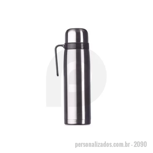 Garrafa térmica personalizada - Garrafa térmica 1 litro em inox com alça plástica. Possui tampa rosqueável, tampa interna rosqueável com bico plástico vermelho. Altura : 30,2 cm Largura : 11 cm Circunferência : 27,5 cm Peso aproximado g : 541