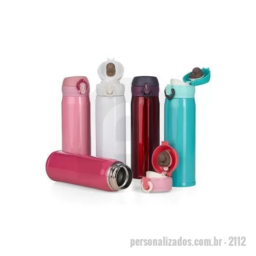 Garrafa térmica personalizada - Descrição: Garrafa térmica de 400ml de metal colorida com botão e válvula para abertura. Possui um sistema de trava basta mover para cima/baixo para abrir/fechar , pressione o botão central para abrir a tampa possui na parte interna borracha protetor