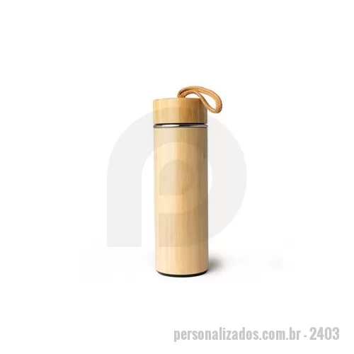 Garrafa térmica personalizada - Garrafa térmica de bambu e inox 400 ml e infusor de metal. Contém tampa rosqueável de bambu e alça de tecido embutida. Altura : 22 cm Largura : 7 cm Circunferência : 22 cm Peso aproximado g : 310