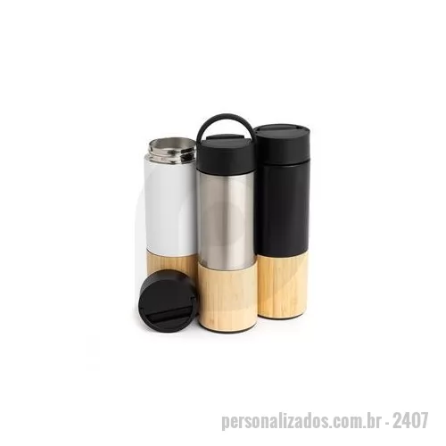 Garrafa térmica personalizada - Garrafa térmica produzida em inox 304 com capacidade de 420ml, acompanha peneira para infusão de bebidas. Com detalhes em bambu e plástico, sua tampa é livre de BPA e possui uma alça para transporte que também pode ser utilizada como suporte para cel