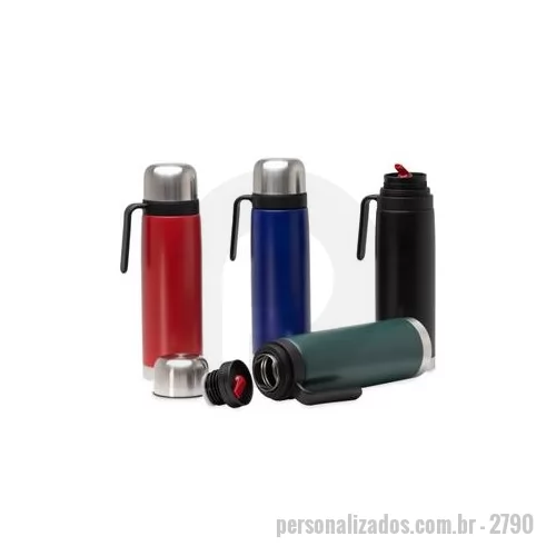 Garrafa térmica personalizada - Garrafa térmica de inox com bico condutor e alça plástica, capacidade de 750 ml. Altura : 30,6 cm Largura : 11 cm Circunferência : 24 cm Peso aproximado g : 464