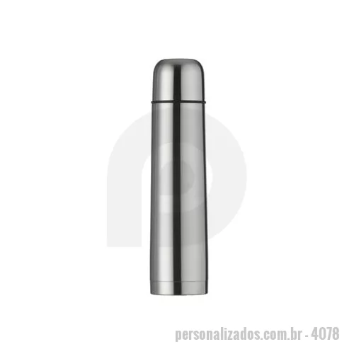Garrafa térmica personalizada - Descrição: Garrafa térmica 1L em inox com tampa rosqueável, tampa interna em plástico resistente basta um clique para abrir ou fechar . Acompanha capa protetora de couro sintético com alça em nylon e detalhe vermelho. Tamanho total aproximado CxL : 3