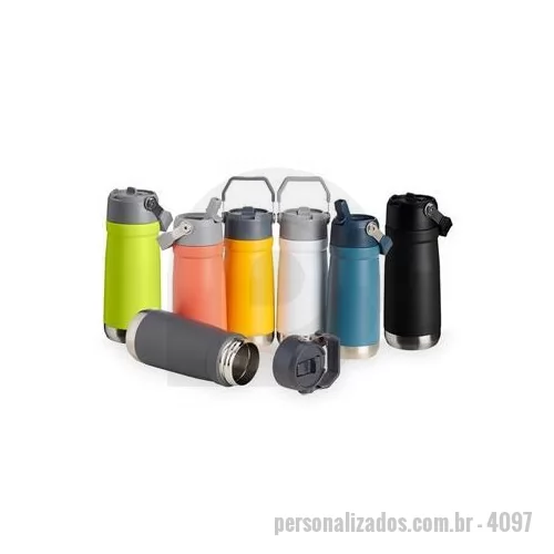 Garrafa térmica personalizada - Garrafa térmica de parede dupla em inox, capacidade de 500ml. Tampa com alça de transporte, bico flip e canudo interno. Altura : 21,5 cm Largura : 8 cm Circunferência : 25,4 cm Peso aproximado g : 402