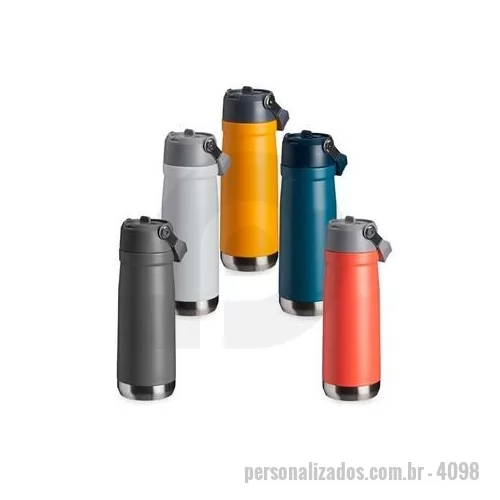 Garrafa térmica personalizada - Garrafa térmica de parede dupla em inox, capacidade de 650ml. Tampa com alça de transporte, bico flip e canudo interno. Altura : 24,6 cm Largura : 8,1 cm Circunferência : 25,6 cm Peso aproximado g : 450