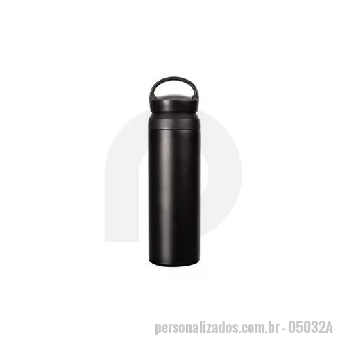 Garrafa térmica personalizada - Garrafa térmica com capacidade de até 500 ml. Conta com estrutura de parede dupla e isolamento a vácuo, o que permite a conservação da temperatura de bebidas por mais tempo. Possui tampa plástica rosqueável com alça para transporte e abertura em duas