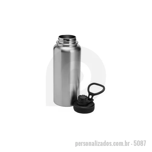 Garrafa térmica personalizada - Garrafa térmica com capacidade de 1 litro em inox com parede dupla, contém tampa plástica rosqueável com bocal e alça para transporte acoplados. Altura : 26,2 cm Largura : 9,7 cm Circunferência : 28,5 cm Tamanho total aproximado CxL : 5 cm de diâmetr