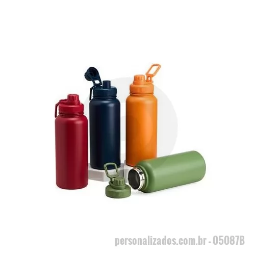 Garrafa térmica personalizada - Garrafa térmica inox com capacidade máxima de até 1 litro. A pintura eletrostática garante uma cor mais duradora, dando mais qualidade ao acabamento. Sua parede dupla e isolamento a vácuo mantém o líquido conservado por mais tempo, além de evitar vaz