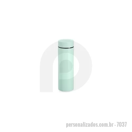 Garrafa térmica personalizada - Garrafa térmica 240 ml em inox com tampa rosqueável. Altura : 18 cm Largura : 5,6 cm Circunferência : 18 cm Peso aproximado g : 170