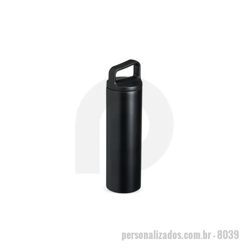 Garrafa térmica personalizada - Garrafa térmica com capacidade de 600 ml, tampa plástica rosqueável e alça acoplada. Altura : 25,7 cm Largura : 7 cm Circunferência : 22,2 cm Peso aproximado g : 311