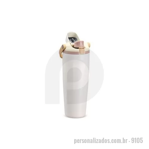 Garrafa térmica personalizada - Garrafa térmica em inox com capacidade para até 850 ml. Conta com estrutura de parede dupla e vedação a vácuo, ajudando a conservar a temperatura dos líquidos por mais tempo. Possui tampa rosqueável em plástico com protetor para o bocal, botão de aci