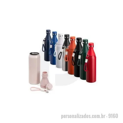 Garrafa térmica personalizada - Garrafa térmica em inox com capacidade para até 500 ml. Possui estrutura de parede dupla, ideal para conservar a temperatura de líquidos por mais tempo. Conta com tampa rosqueável e compartimento removível em plástico, permitindo o uso como copo. Aco