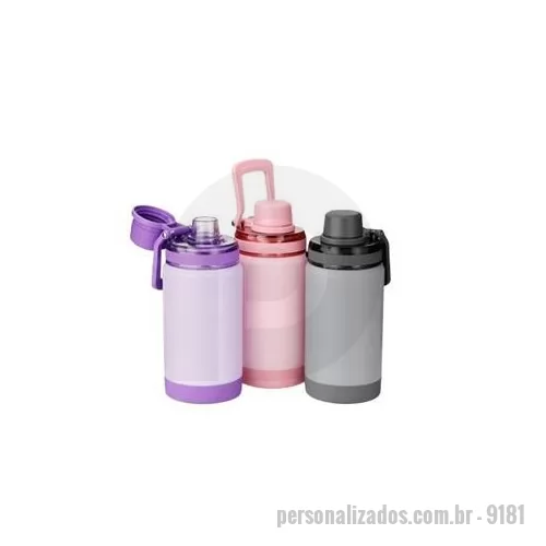 Garrafa térmica personalizada - Garrafa Térmica em inox 304, pintura eletrostática e capacidade para até 400 ml. Possui estrutura em parede dupla e vedação a vácuo para oferecer a conservação da temperatura de líquidos por mais tempo. Dispõe ainda de tampa rosqueável em plástico, c