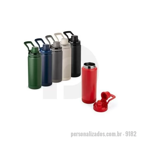 Garrafa térmica personalizada - Garrafa térmica em inox 304 com capacidade máxima de até 600 ml. Conta com estrutura de parede dupla e vedação a vácuo para manter a temperatura de líquidos conservada por mais tempo. Possui tampa rosqueável em plástico com protetor para o bocal e al