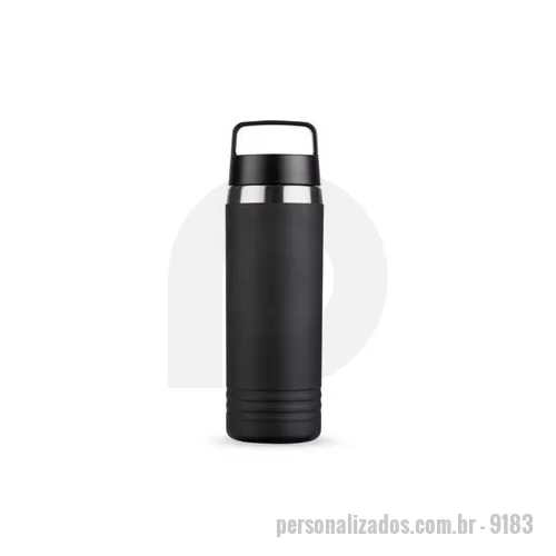 Garrafa térmica personalizada - Garrafa térmica em inox com capacidade para até 700 ml. Conta com estrutura de parede dupla e vedação a vácuo para garantir a conservação da temperatura dos líquidos por mais tempo, além de tampa rosqueável em plástico com alça fixa para transporte. 