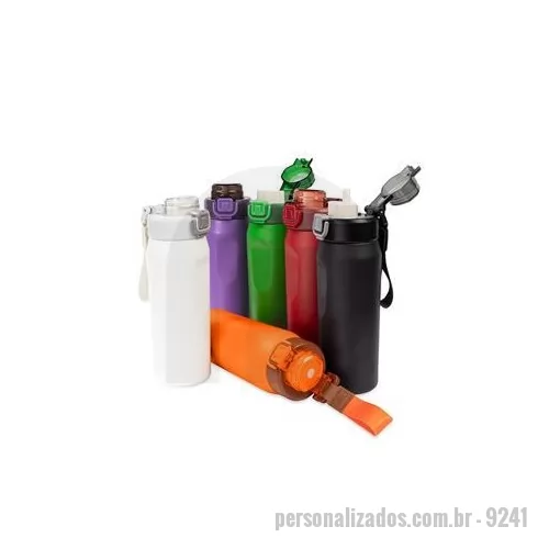 Garrafa térmica personalizada - Garrafa térmica em inox SUS 304. Conta com estrutura de parede dupla e vedação a vácuo, ajudando a conservar a temperatura dos líquidos por mais tempo. Possui sistema de canudo com acionamento e dois modos de uso para beber, sendo um deles através da