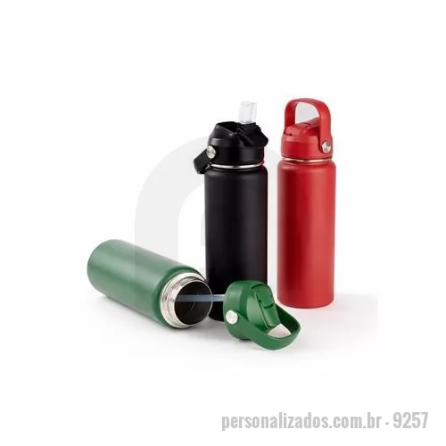 Garrafa térmica personalizada - Garrafa térmica de parede dupla com parte externa em inox 201 com pintura eletrostática e camada interna em inox 304. Possui capacidade de até 600 ml, tampa rosqueável em plástico polipropileno PP , bico retrátil em silicone com protetor em plástico 