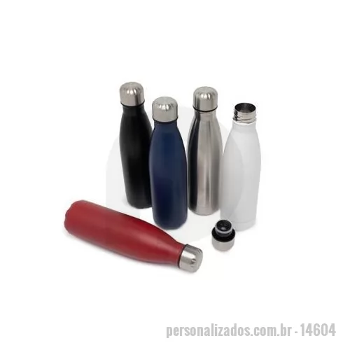 Garrafa térmica personalizada - Garrafa térmica de inox com acabamento brilhante, capacidade de 500ml. Contém tampa de vedação rosqueável com detalhe externo em relevo.