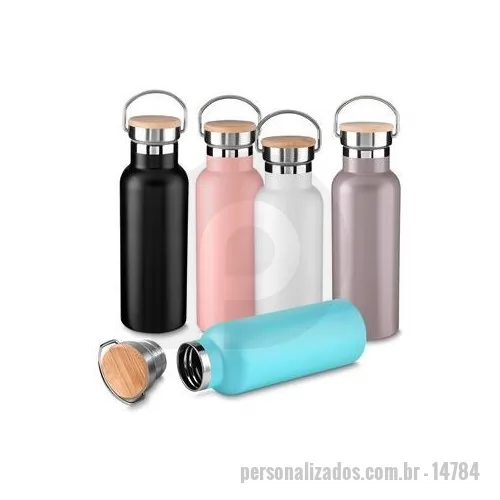 Garrafa térmica personalizada - Garrafa térmica em inox 500 ml, tampa rosqueável com revestimento em fibra de bambu, alça de metal.