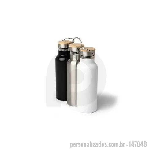 Garrafa térmica personalizada - Garrafa de inox com capacidade de 500 ml, tampa em inox com detalhe em bambu e alça de transporte. Altura : 22,3 cm Largura : 7,3 cm Circunferência : 23,8 cm Peso aproximado g : 304