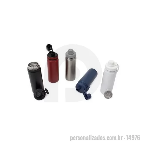 Garrafa térmica personalizada - Garrafa térmica com infusor de bebidas, feita em inox 304de parede dupla com capacidade para 570ml. Tampa com alça para transporte e tampa de proteção para o bocal. Altura : 23,1 cm Largura : 8 cm Circunferência : 23 cm Peso aproximado g : 281