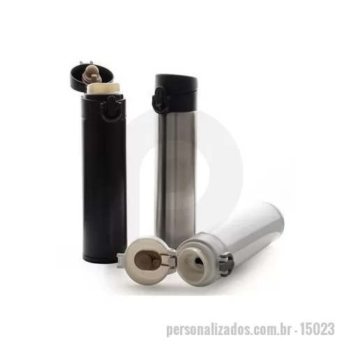Garrafa térmica personalizada - Garrafa térmica em inox, capacidade de 340ml. Tampa com trava de segurança e botão com acionamento. Altura : 22,8 cm Largura : 6,8 cm Circunferência : 18,3 cm Peso aproximado g : 209
