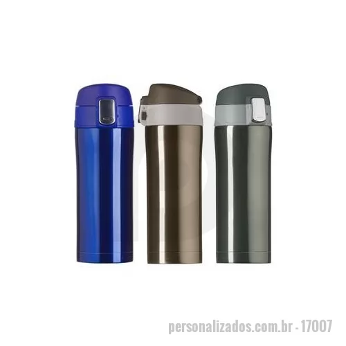 Garrafa térmica personalizada - Garrafa térmica 350 ml colorida com sistema de trava. Material metálico com revestimento interno em inox, possui tampa plástica fosca com borracha interna para vedação evitando o vazamento de líquido e prezando sua temperatura possui botão central pa