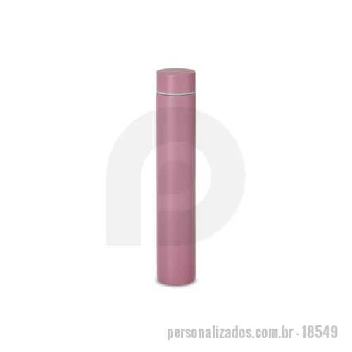 Garrafa térmica personalizada - Descrição: Garrafa térmica 275ml em inox com tampa rosqueável. Altura : 24 cm Largura : 4,5 cm Circunferência : 14,4 cm Medidas aproximadas para gravação CxL : 21 cm x 3 cm Peso aproximado g : 170