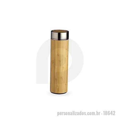 Garrafa térmica personalizada - Garrafa de bambu e inox térmica 500 ml com parede dupla e infusor. Conserva temperatura quente ou fria. Altura : 24,4 cm Largura : 6,9 cm Circunferência : 21 cm Peso aproximado g : 333