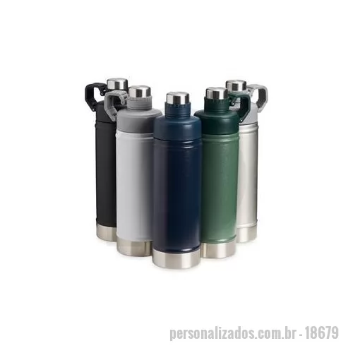 Garrafa térmica personalizada - Garrafa térmica de parede dupla em inox, capacidade de 700ml. Tampa principal com bocal e tampa protetora com alça de transporte acoplada. Altura : 28 cm Largura : 9,9 cm Circunferência : 24,9 cm Peso aproximado g : 469