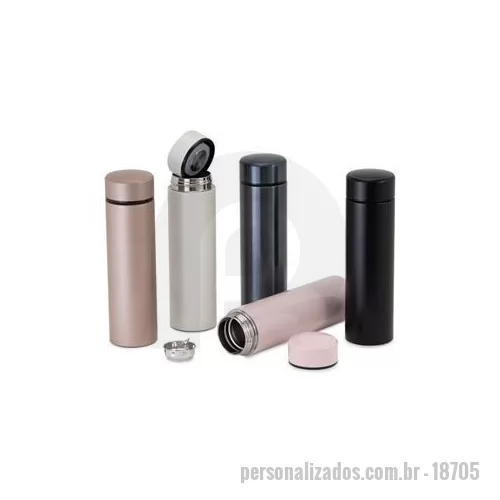 Garrafa térmica personalizada - Garrafa térmica 500 ml feita em aço inoxidável 304, acompanha infusor de bebidas. Altura : 22,6 cm Largura : 6,5 cm Circunferência : 20,5 cm Tamanho total aproximado CxL : Diâmetro sem tampa 4,8 cm
