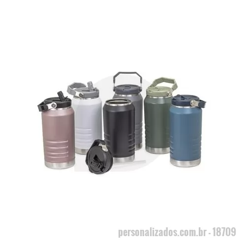 Garrafa térmica personalizada - Garrafa térmica feita em inox 304 com parede dupla, capacidade de 1,1 litros. Com alça para transporte, a tampa contém bico inclinável e canudo interno. Altura : 23 cm Largura : 11,2 cm Circunferência : 33,4 cm Tamanho total aproximado CxL : Diâmetro