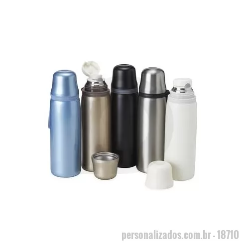 Garrafa térmica personalizada - Garrafa térmica feita em inox 304 com parede dupla, capacidade de 850ml. Com alça emborrachada para transporte, a garrafa contém filtro infusor, tampa com botão de acionamento e tampa externa utilizável como copo. Altura : 28 cm Largura : 9,6 cm Circ