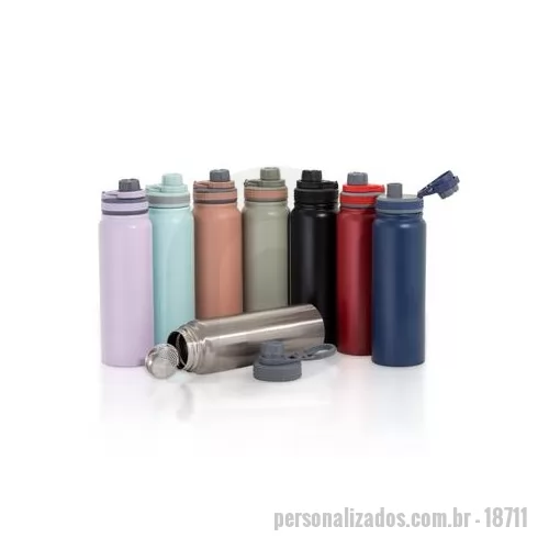 Garrafa térmica personalizada - Garrafa térmica com infusor de bebidas, feita em inox 304 de parede dupla com capacidade de 850ml. Tampa com alça para transporte e tampa de proteção para o bocal. Altura : 27 cm Largura : 7,8 cm Circunferência : 25 cm Peso aproximado g : 394