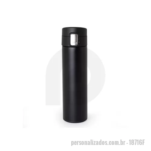 Garrafa térmica personalizada - Garrafa Térmica 450 ml em inox com sistema de trava. Contém acabamento fosco e revestimento interno em inox, possui tampa plástica fosca com borracha interna para vedação, evitando o vazamento de líquido, botão central para abertura e trava lateral b