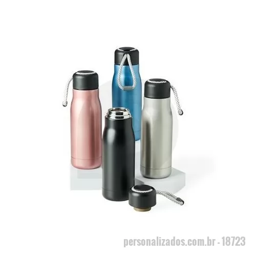 Garrafa térmica personalizada - Garrafa térmica com capacidade de 420ml feita em inox 304 com parede dupla. Tampa plástica com corda para transporte embutida.