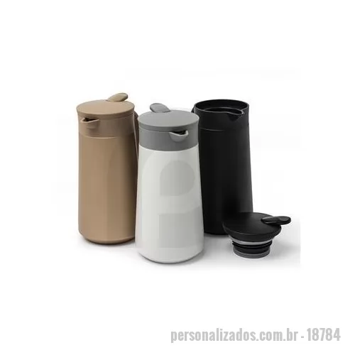 Garrafa térmica personalizada - Garrafa Térmica feita em Inox 304 com parede dupla e capacidade de 800 ml. Tampa rosqueável com alavanca que abre/fecha para servir a bebida. Altura : 19,5 cm Largura : 8 cm Circunferência : 28,3 cm Peso aproximado g : 418